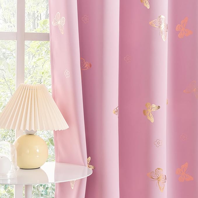 Jubilantex Butterfly Print Blackout Curtains Thermal Insulated Window Treatments for Bedroom Kids Bedroom Nursery Elegant Luxurious Room Darkening Draps Grommet Top，Pink 52" Wx63 Lx2
