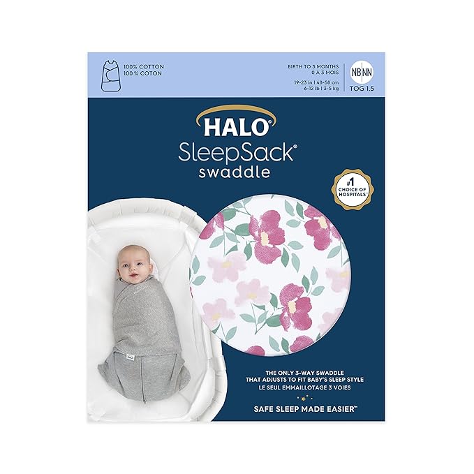 HALO 100% Cotton Sleepsack Swaddle, 3-Way Adjustable Wearable Blanket, TOG 1.5, Stems, Newborn, 0-3 Months