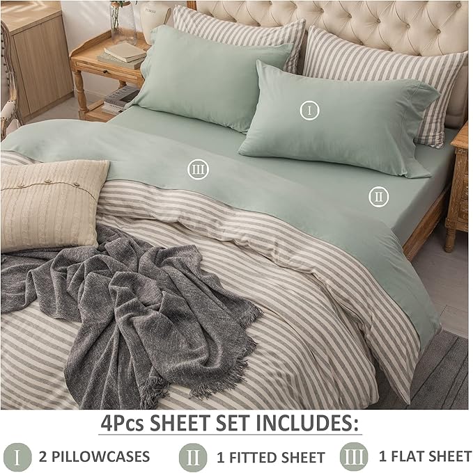 PURE ERA Jersey Knit 4pc Bed Sheet Set 100% T-Shirt Cotton Super Soft Comfy Breathable Fits Mattress Up to 20" Extra Deep Pocket (Solid Sage Green, King)