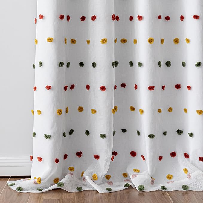 MEETSKY Colorful Pom Pom 100% Blackout Curtains for Girls Bedroom 95 Inch Long 100% Light Blocking Curtains for Living Room 2 Panels Room Darkening Grommet Double Layer Drapes 52W x 95L