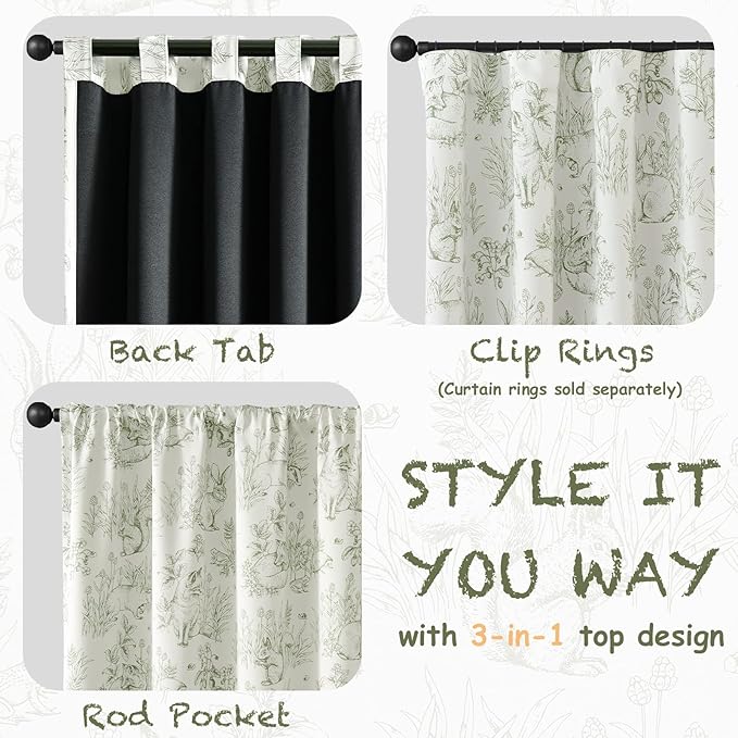 jinchan Blackout Nursery Curtains 63 Inches Long, Bunny Woodland Toile Curtains Sage Green on Beige Animal Printed Drapes for Bedroom Thermal Insulated Farmhouse Rod Pocket Window Treatment 2 Panels
