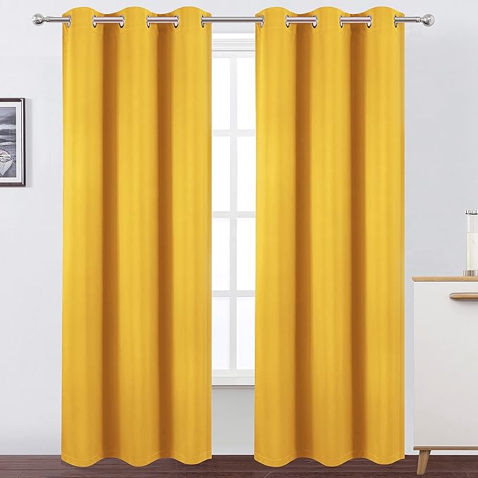 LEMOMO 100% Blackout Curtains 40 x 84 Inch/Yellow Curtains 2 Panels with Black Lining Room Darkening Thermal Insulated Bedroom Curtains