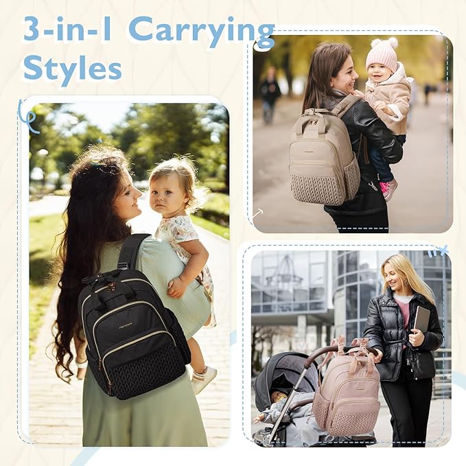 mommore Diaper Bag Backpack, Stylish Travel Baby Bag with Insulated Pockets, Changing Pad and Stroller Straps for Toddler (L-Black, Large-27L)