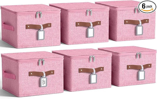6 Pack Fabric Closet Storage Bins with Zipper Lids and Label, 10×8×7In Large Size Foldable Cotton Linen Storage Cubes Boxes with PU Leather Handles Holders for Bedroom, Nursery, Pink