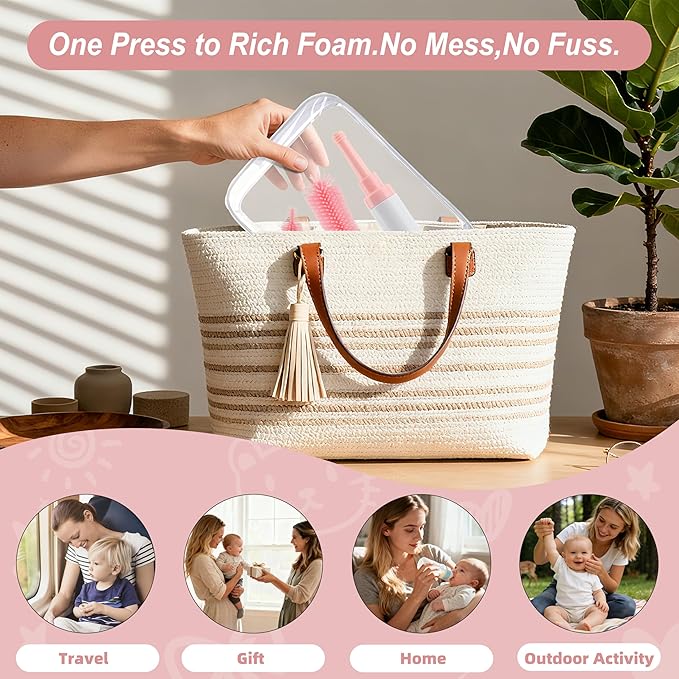 ZTX Self-Foaming Silicone Baby Bottle Brush Set - One Press Creates Rich Foam, Cleans Bottles, Breast Pump Parts & Nipples, Includes Detachable Brush & Travel Storage Bag, Pink