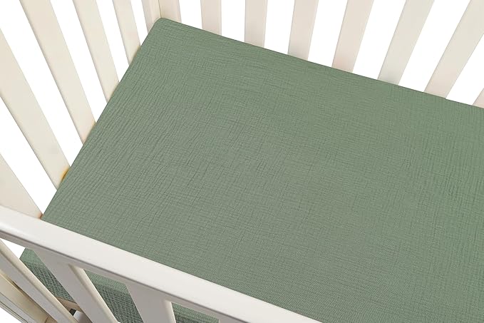 Onacosht Muslin Mini Crib Sheets, 39" x 27" Pack and Play Mattress Sheets Fitted for Pack N Play, Soft Cotton for Boys Girls, 2 Pack, Green and Leaf