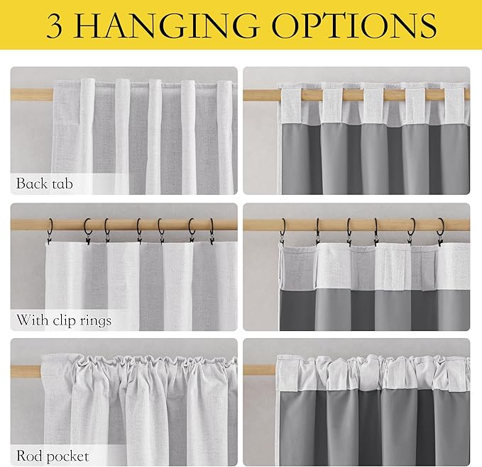 NICETOWN Full Blackout Linen Curtains 108" Length with Thermal Insulated Liners for Living Room, Farmhouse Style Keep Cool & Warm Large Window Drapes for Hall (Greyish White, 2 Panels, 52" Wide)