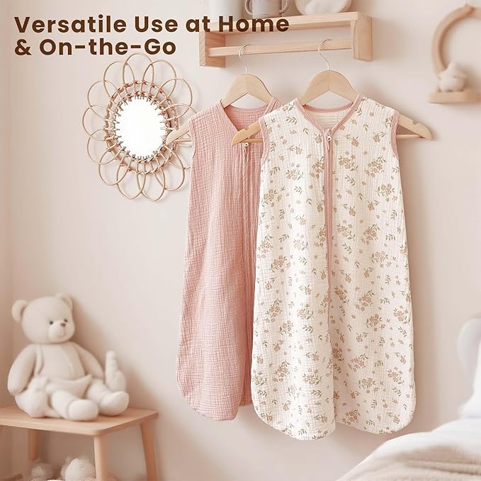 Konssy Muslin Baby Sleep Sack18-24 Months 0.8 TOG, 2 Pack 100% Cotton Wearable Blanket for Babies, 2-Way Zipper Breathable Sleeping Sack Infant Toddler Essentials for Girls and Boys (Blossom, Pink)