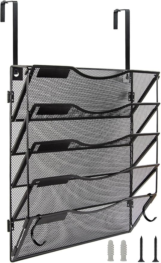 Wall File Organizer 5 Pockets, Mail Organizer, Hanging Folder Holder, Foldable | Hanging or Wall Mounted | Label Panel | 2 Hooks | Office Home School Organizer, Black
