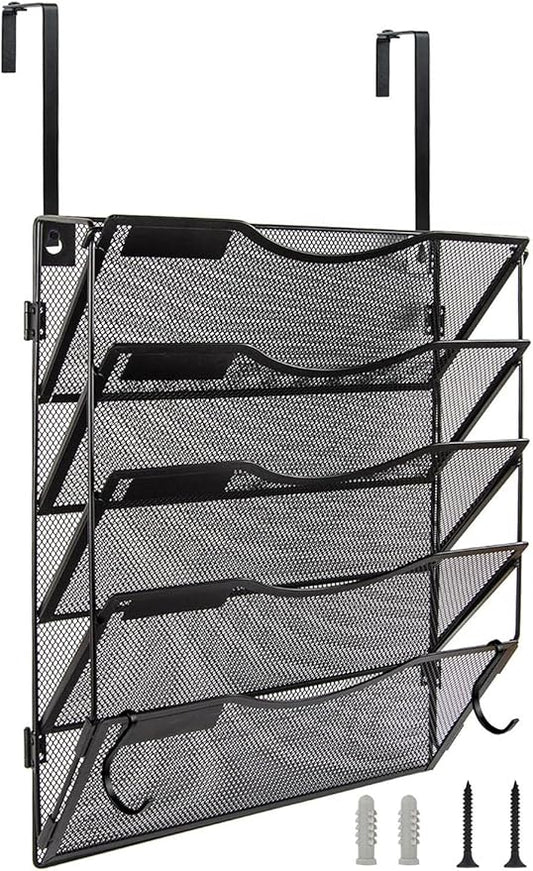 Wall File Organizer 5 Pockets, Mail Organizer, Hanging Folder Holder, Foldable | Hanging or Wall Mounted | Label Panel | 2 Hooks | Office Home School Organizer, Black