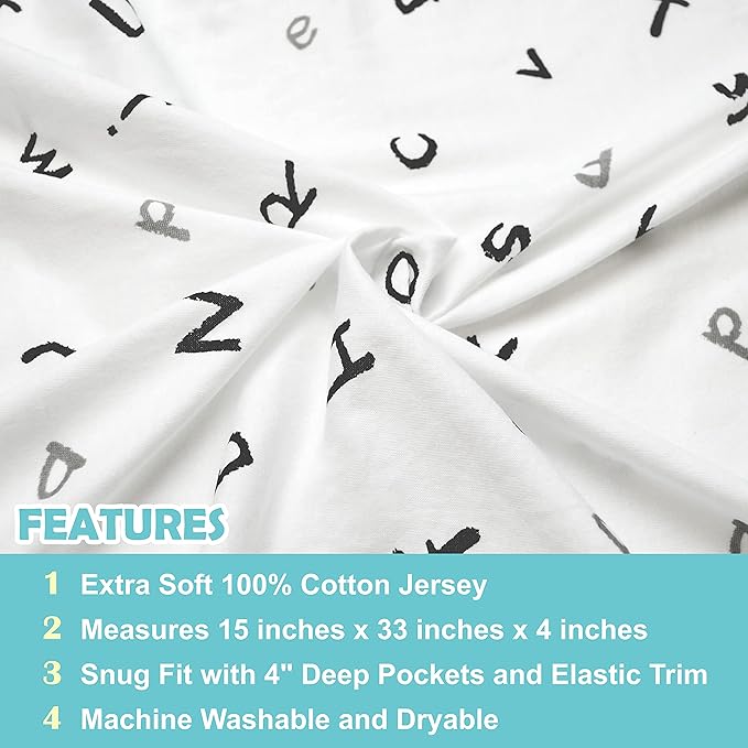 American Baby Company 15" x 33" Fitted Bassinet Sheet, 100% Natural Cotton Jersey Knit, Gray/Alphabet, Soft Breathable, for Boys and Girls, 15x33 Inch Pack of 2