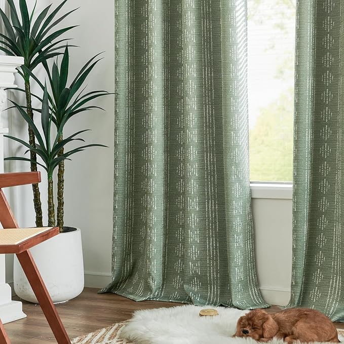 jinchan 95% Blackout Boho Curtains 84 Inches Long for Bedroom White on Sage Green Geometric Printed Grommet Top Room Darkening Thermal Insulated Window Drapes 2 Panels