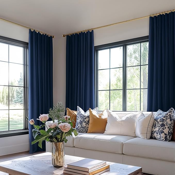 INOVADAY 100% Blackout Curtains for Bedroom, Black Out Curtains 84 Inch Long, Clip Rings Linen Blackout Drapes, Thermal Insulated Room Darkening for Living Room, 2 Panels - Midnight Blue,W50xL84