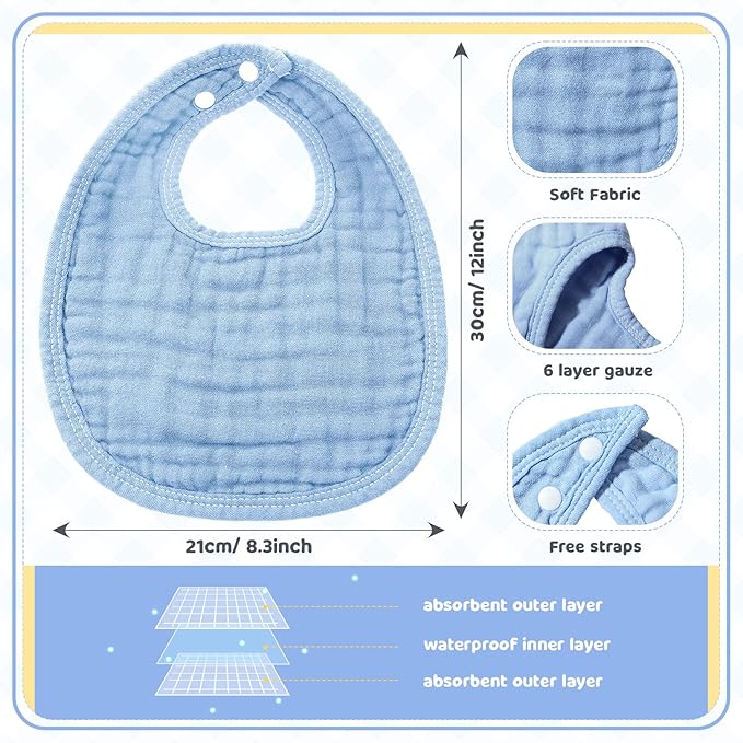 Frienda 6 Pcs Muslin Bibs Burp Cloths for Baby Teething Bandana Bibs 6 Absorbent Layer for Baby Boy Girl Cotton Burping Cloth(Blue Series)
