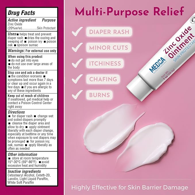 High-Potency 20% Zinc Oxide Ointment - (Pack of 4) Baby Diaper Rash Cream and Gentle Skin Protectant Barrier for Chafed Skin, Wetness, Daily & Overnight Protection Soothing, Hypoallergenic, 1oz Tubes