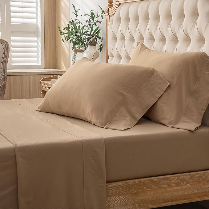 PURE ERA Jersey Knit 4pc Bed Sheet Set 100% T-Shirt Cotton Super Soft Comfy Breathable Fits Mattress Up to 20" Extra Deep Pocket (Solid Toffee Brown, Queen)