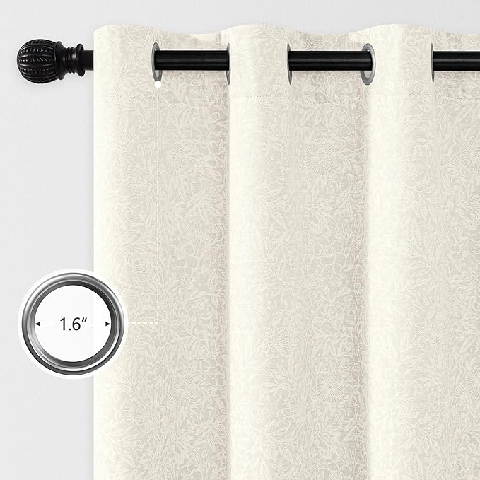 Metro Parlor Cream Floral Blackout Curtains 63 Inch Length for Bedroom, Jacquard Chenille Patterned Vintage Flower Curtains for Living Room Darkening Thermal Grommet Window Drapes,2 Panels,Light Beige