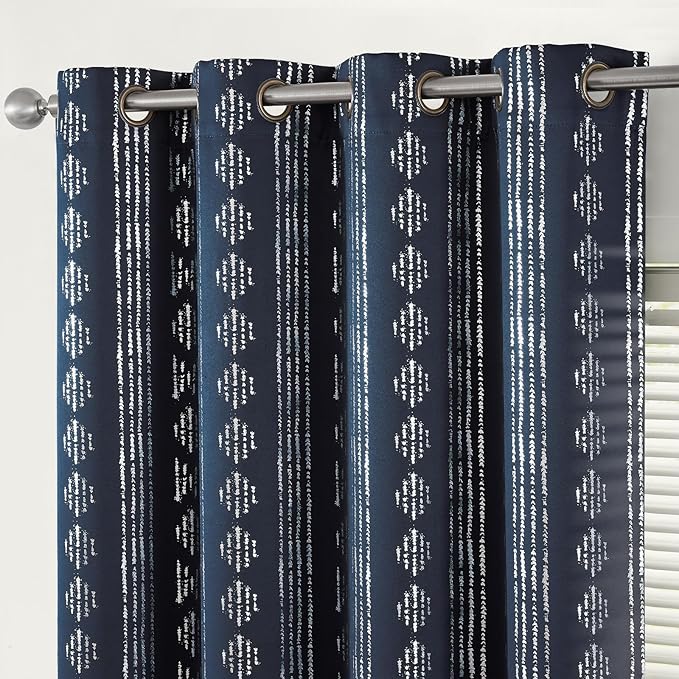 jinchan 95% Blackout Boho Curtains 96 Inches Long for Bedroom Living Room Silver Geometric Foil Printed Blue Curtain Grommet Top Room Darkening Drapes 52 x 96 2 Panels