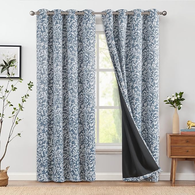 jinchan Blackout Curtains for Bedroom, Blue Scroll Floral Patterned Curtains 108 Inch Length for Living Room, Farmhouse Vintage Art Deco Drapes, Thermal Insulated Window Curtains Grommet 2 Panels