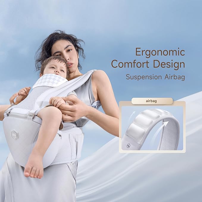 HBR Baby Carrier with Hip Seat, 2-in-1 Ergonomic Front Facing Toddler Carrier, Breathable Mesh, Air-Padded Shoulder Straps & Reflective Back Support, Fits Waists up to 47 Inches, Silve Mist White