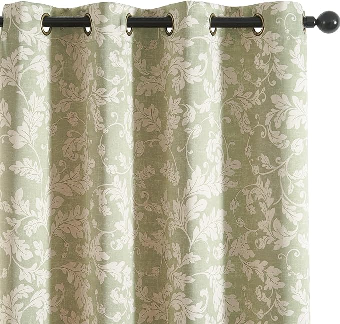 jinchan 75% Blackout Curtains for Bedroom, Green Scroll Leaf Patterned Curtains 96 inch Length for Living Room, Farmhouse Vintage Drapes, Thermal Insulated Window Treatments, Grommet 2 Panels Green