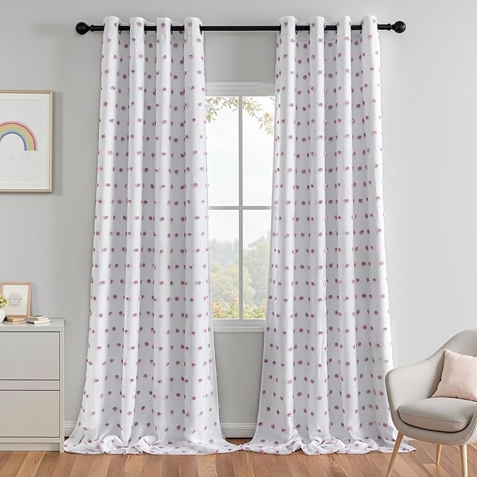 MEETSKY 100% Blackout Curtains for Nursery Bedroom 95 Inch Length 2 Panels, Total Light Blocking Curtains for Girls Room,Grommet Room Darkening Window Drapes with Purple Pom Pom Sheer 52W x 95L