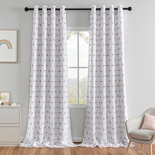 MEETSKY 100% Blackout Curtains for Nursery Bedroom 95 Inch Length 2 Panels, Total Light Blocking Curtains for Girls Room,Grommet Room Darkening Window Drapes with Purple Pom Pom Sheer 52W x 95L