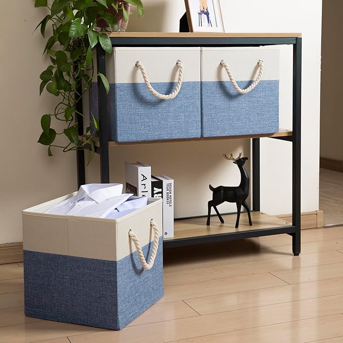 PRANDOM Large Foldable Cube Storage Bins 13x13 inch [4-Pack] Fabric Linen Storage Baskets Cubes Drawer with Cotton Handles Organizer for Shelves Nursery Closet Bedroom Beige/Blue
