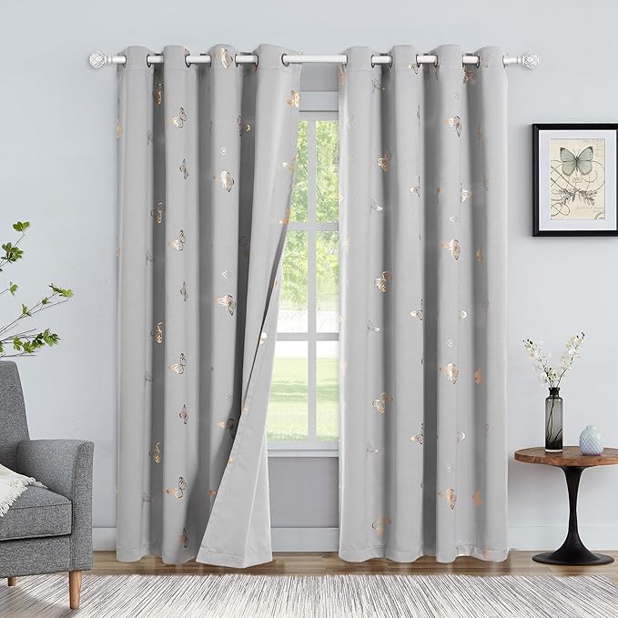 Jubilantex Butterfly Grey Blackout Curtain Panels 84 Inch Long 2 Panels for Nursery Kids Room, Floral Gold Foil Print Drapery 90% Blackout Room Darkening Grommet Drapes for Living Room,Gray