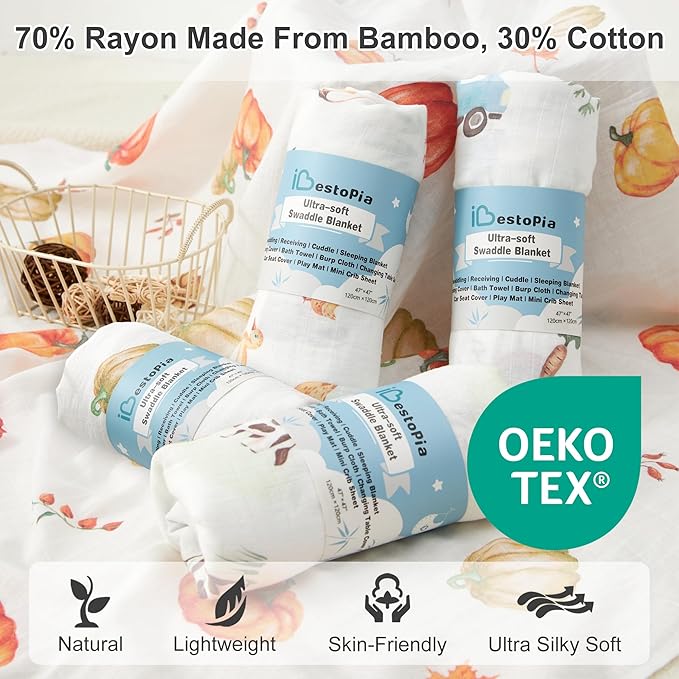 70% Rayon Made from Bamboo 30% Cotton Muslin Swaddle Blanket, 47 x 47 Inches, Farm Theme Baby Receiving Blanket, Soft and Breathable, Unisex, 4 Pack