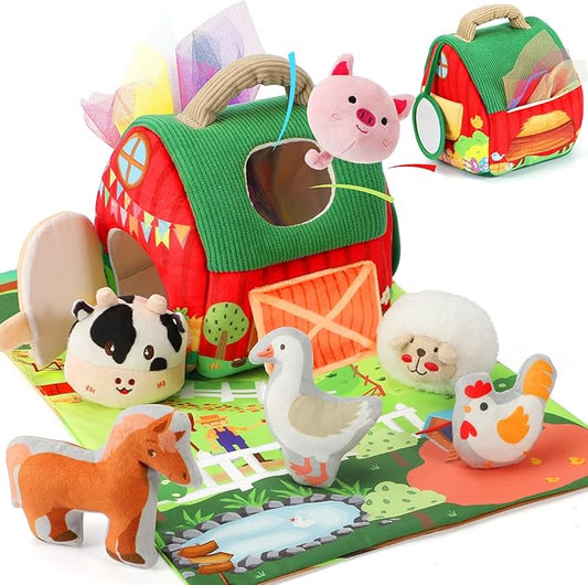 Baby Toys 6-12 Months, Montessori Toys for 1 2 Years Old Babies, Surprise Barn Stuffed Farm Animals Rattle Crinkle Mirror Sensory Balls for Toddlers 1-3, Baby Boy Girl Valentines Gift, Easter Stuffers