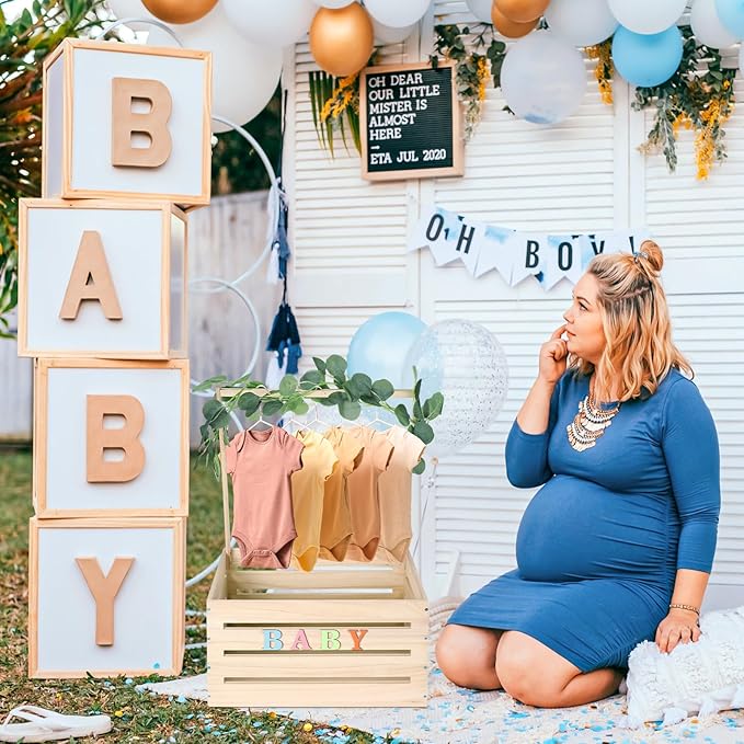 Barydat Wooden Baby Shower Crate Closet, Baby Basket with Handle, Personalized Basket Gifts, Easy Assembly Baskets for Newborn Boy Girl Welcome Gift for New Mom Parents(Wood Color)