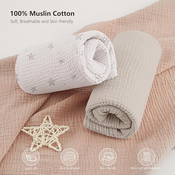 Bearmoss Muslin Mini Crib Sheets for Pack N Play Mattress - 100% Cotton - 38"x26" Soft Breathable Playard Baby Crib Sheets Neutral for Boys Girls - 2 Pack (White Star)
