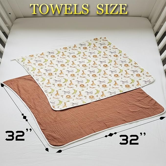 2-Pack Muslin Hooded Baby Towels, 100% Cotton, Towels for Babies, Infants, Toddles, Soft and Absorbent for Boy and Girl, Double Layered Towel with Hood, Babies Muslin Towel Set (Cute Animals)