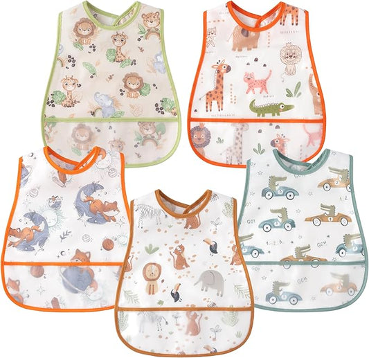 R HORSE 5Pcs Baby Bibs Set Toddler Bibs with Crumb Catcher Pocket & Snap Button Waterproof Baby Feeding Bibs for 6-24 Months