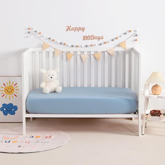 NTBAY 2 Pack Muslin Cotton Mini Crib Sheets, Soft and Breathable Double Layer 24x38 Baby Crib Sheets for Mini Crib and Toddler Mattresses, Boys, Girls, Unisex, Sky Blue, 24x38 Inches