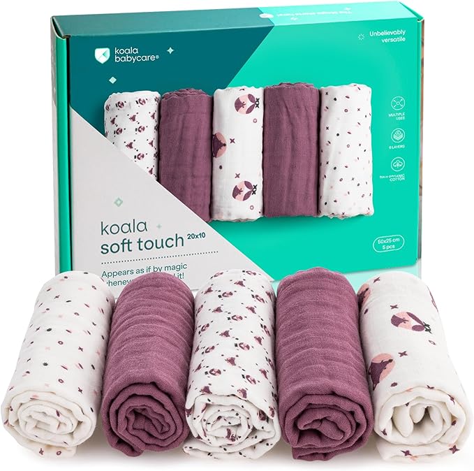 Koala Babycare 5 Pack 20"x10" Muslin Burp Cloths for Baby Boys and Girls - GOTS & Oeko-TEX Cotton Burp Rags for Newborns - Absorbent Neutral Burping Cloths for Feeding - Washable Baby Bibs Essentials