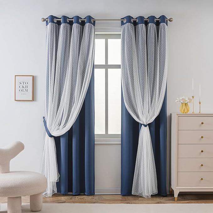 MYSKY HOME Navy Blue Blackout Curtains for Girls Bedroom & Nursery Kids Cute Curtains Double Layer with Polka Dots Sheer, Grommet Tops, 52x95 Inch Each Panel, 2 Panels