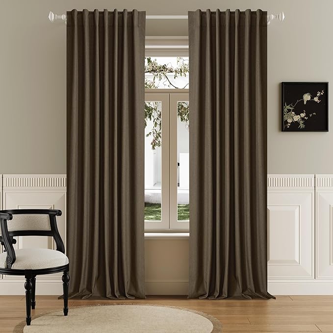 DUALIFE 120 Inch Extra Long Linen Brown Curtains Floor to Ceiling for Sliding Glass Doors 2 Panels, Flax Linen 100% Blackout Elegant Boho Thermal Curtains for Large Windows 10 FT Drapes,50 x 120 Inch