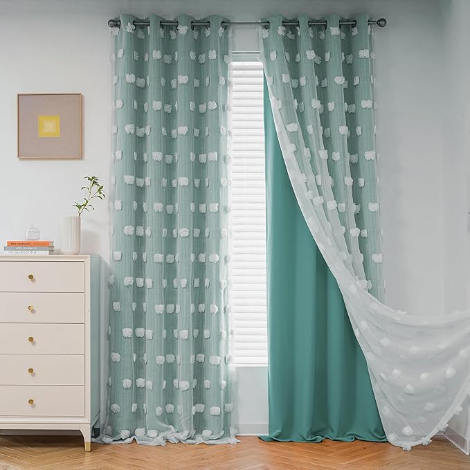 MYSKY HOME 90 Inches Long Teal Curtains for Living Room Nursery Curtains for Bedroom Double Layer Curtains White Pom Pom Sheer Curtains for Dining Room Grommet Room Darkening Window Panels W52 X L90