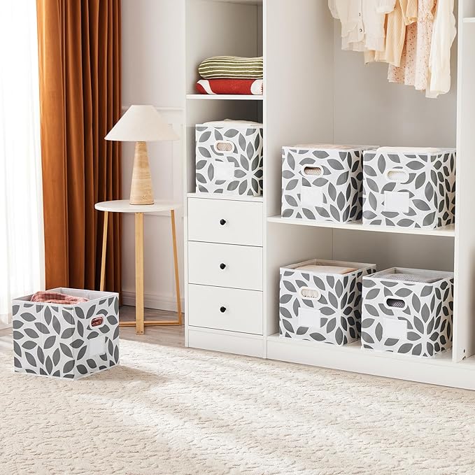 MAX Houser Fabric Storage Bins Cubes Baskets Containers with Dual Plastic Handles for Home Closet Bedroom Drawers Organizers, Flodable, Grey, Set of 4