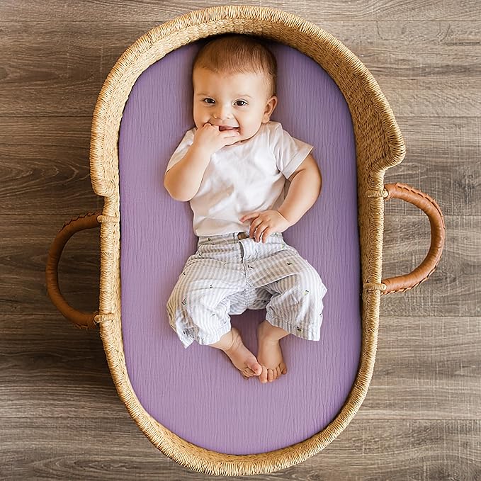Pro Goleem Muslin Bassinet Sheet for Girls, Soft Breathable Fitted Cotton Baby Sheets Set for Oval Hourglass and Rectangular Bassinet Mattress, 2 Pack (Pink＆Purple)