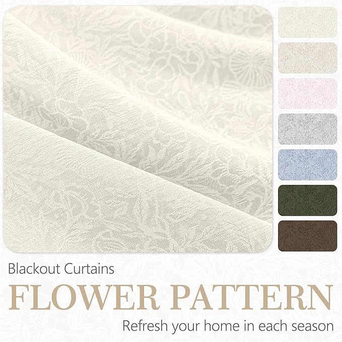 Metro Parlor Cream Floral Blackout Curtains 96 Inches Long for Bedroom, Jacquard Chenille Patterned Vintage Flower Curtains for Living Room Darkening Thermal Grommet Window Drapes,2 Panels,Light Beige