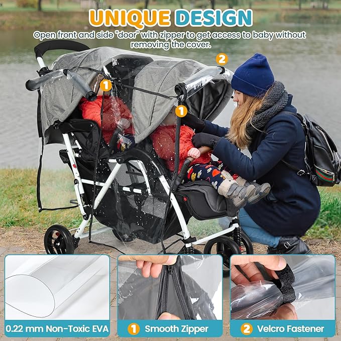 IvyWind Stroller Rain Cover for Double Tandem Stroller, Universal Size Weather Shield for Stroller, Breathable Double Stroller Cover for All-Weather Protection from Rain Snow Dust