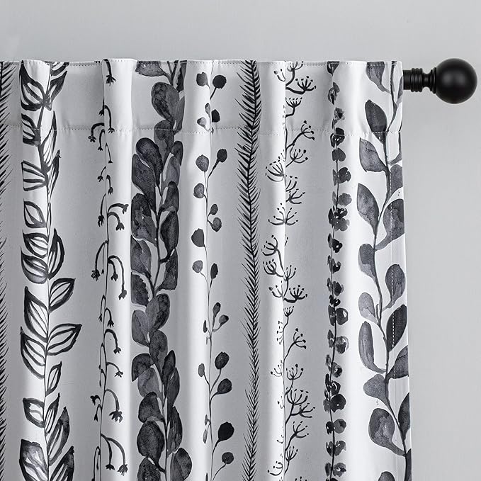 MEETSKY Boho Blackout Leaves Patterned Curtains 63 Inch Long 2 Panels Set for Bedroom, Room Darkening Dark Grey Drapes for Living Room, Thermal Insulated Rod Pocket Back Tab Window Treatment, 50"Wide
