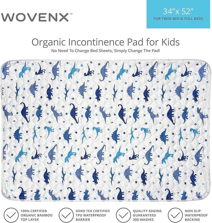 WOVENX Organic Incontinence Pads for Kids & Toddlers - 5 Layer Waterproof Protectors for Overnight Bed Wetting - Reusable & Washable Pee Pads - Fits Twin to Full Size Beds - 34" x 52" Dinosaur