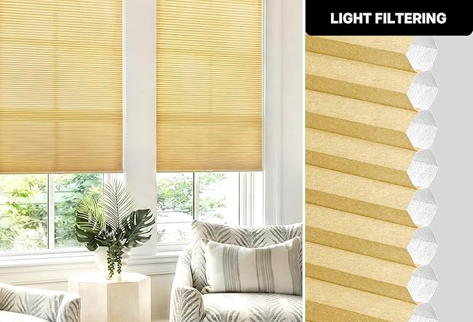 LazBlinds Cordless Cellular Shades, No Tools No Drill Light Filtering Honeycomb Shades Pleated Blinds for Windows, 40'' W x 64'' H, Yellowish-Brown