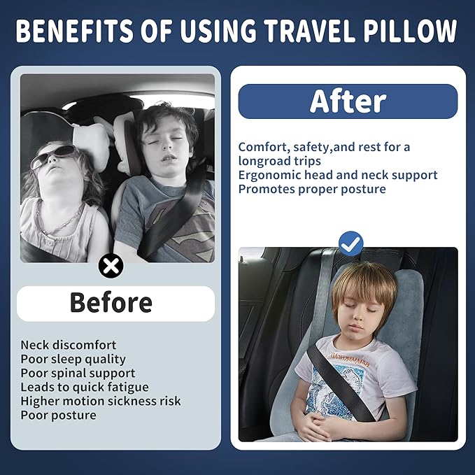 Car Pillow for Kids, Car Pillow, Travel Pillow Cushion for Car and Adults, Support Head and Neck on Road Trips, Grey