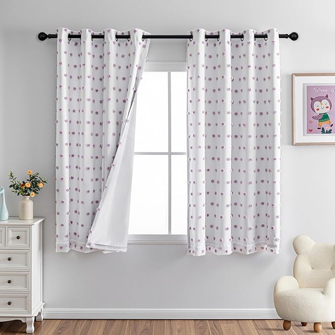 MYSKY HOME 100% Blackout Curtains for Girls Bedroom 63 Inch Long Purple Pom Pom Curtains for Kids Room 2 Panels Room Darkening Window Treatment 2 Layered Drapes Toddler Grommet 52W x 63L