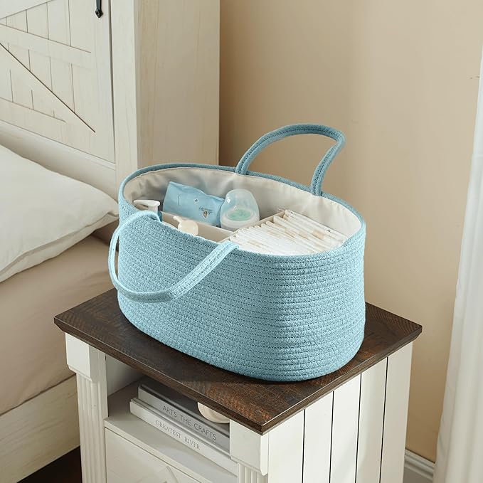 luxury little Diaper Caddy Organizer, Large Cotton Rope Nursery Baby Basket, Changing Table Organizer for Baby Diaper Storage, Portable Car Organizer Removable Divider (Lake Blue, Extra Large)